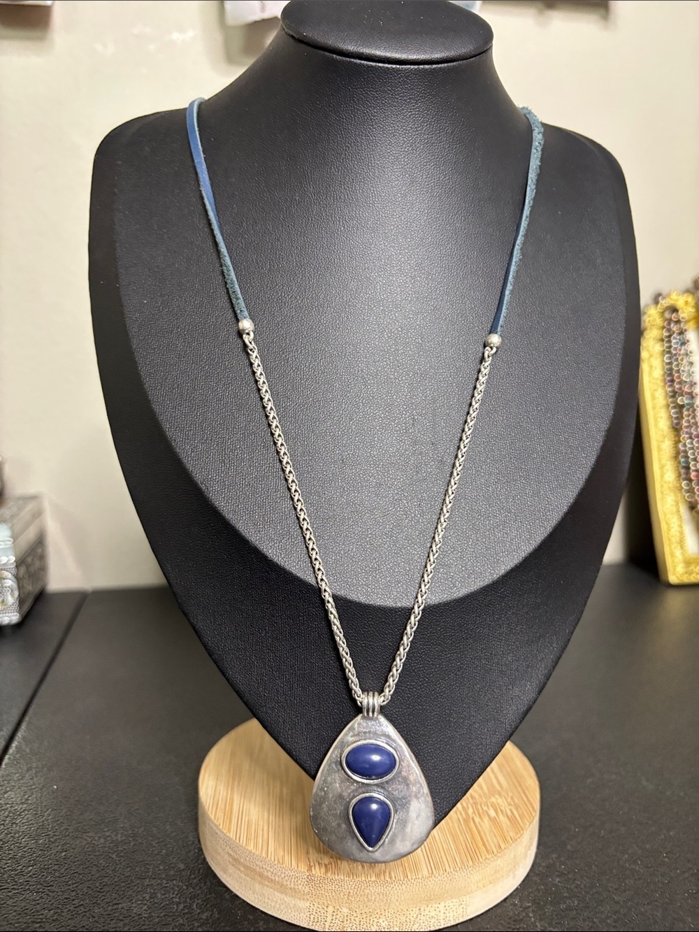 Lucky Brand Boho Silver Chain Pendant Blue Leather Necklace with Blue Stones